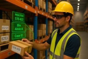 Warehouse employee using AR smart glasses to pick inventory